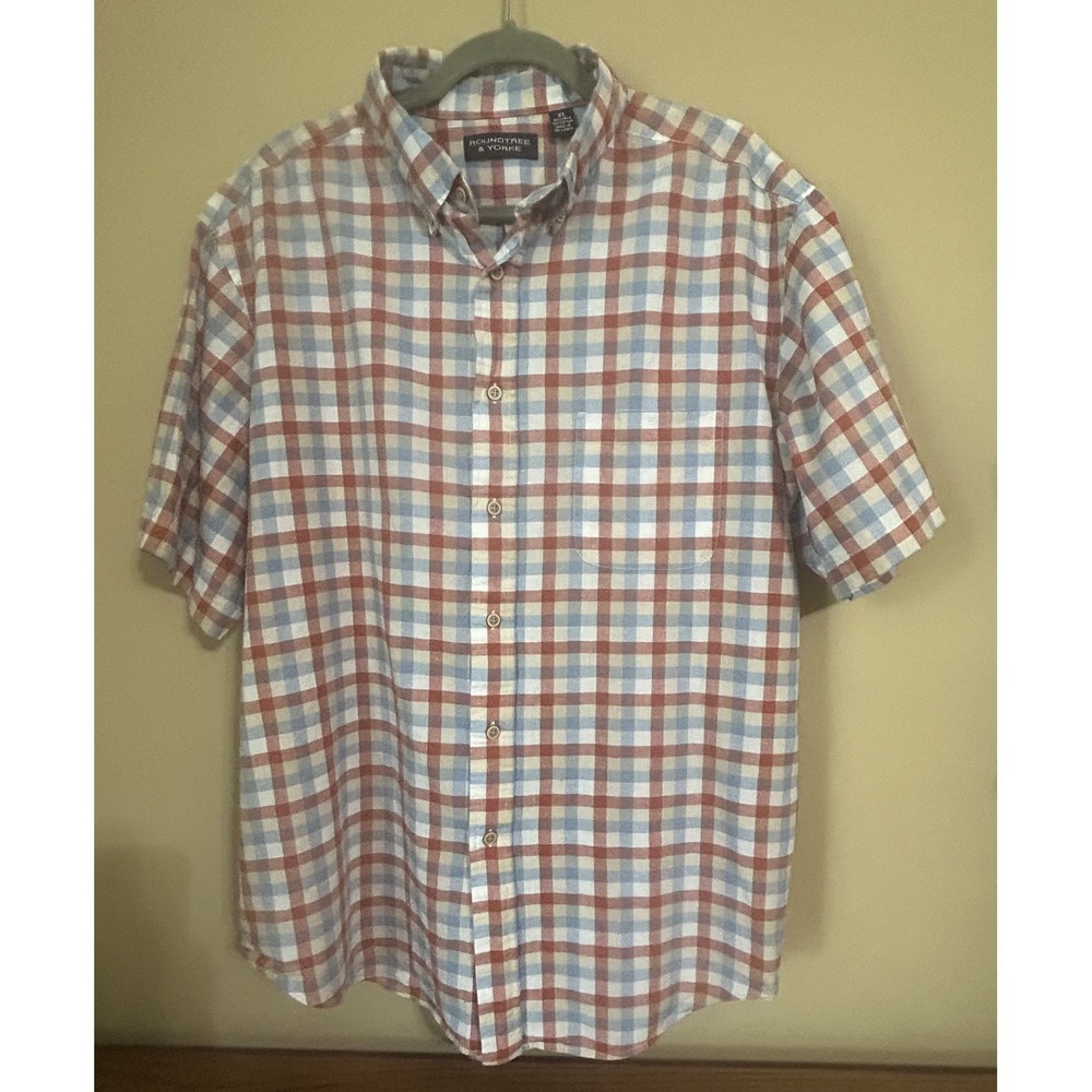 Roundtree & York Short Sleeve Button Up Shirt Mens‎ XL Red Blue White Plaid